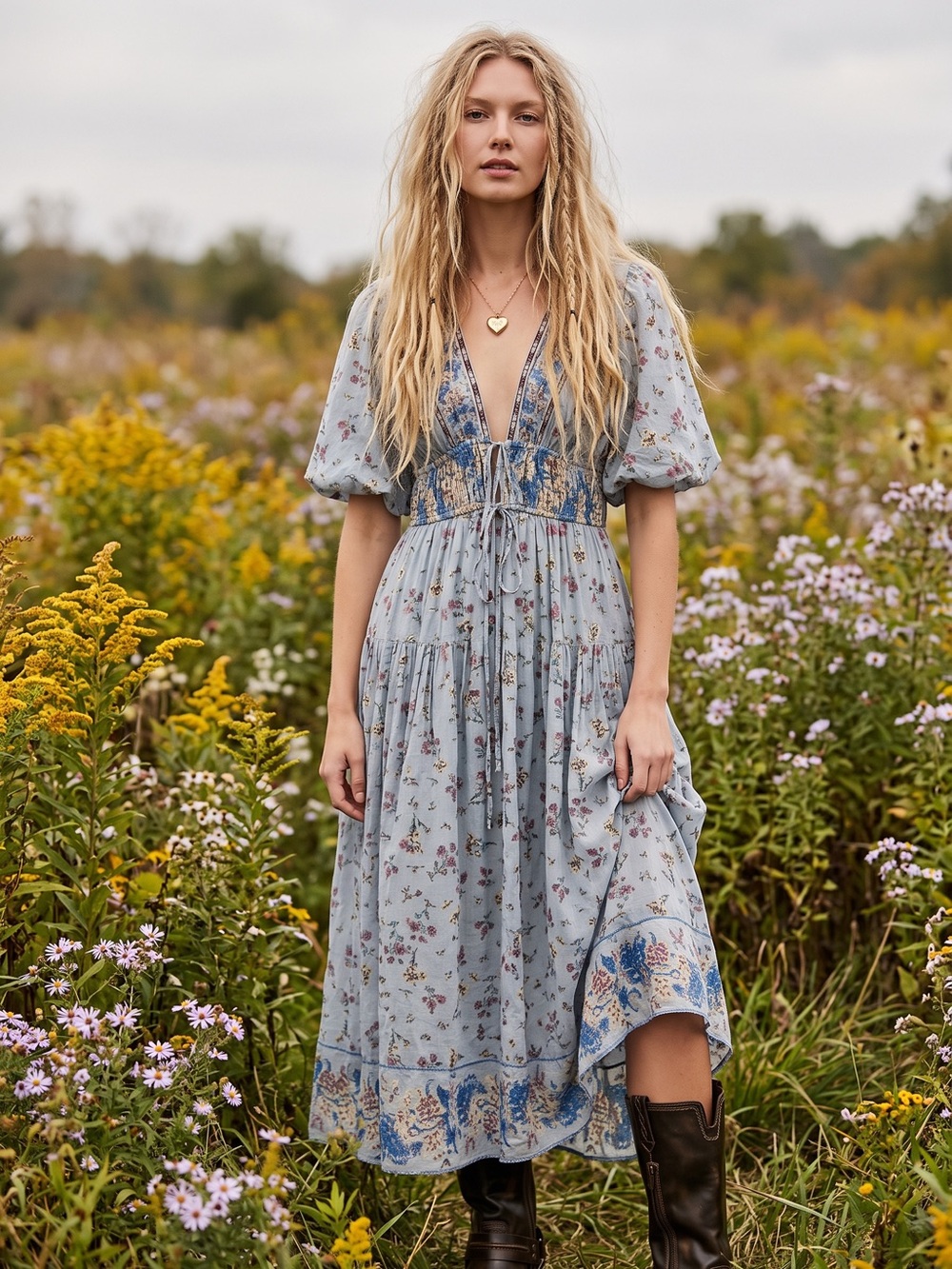 Free People Lysette Maxi Dress in Bluebell Bohemian Gypsy Indian Cotton XS